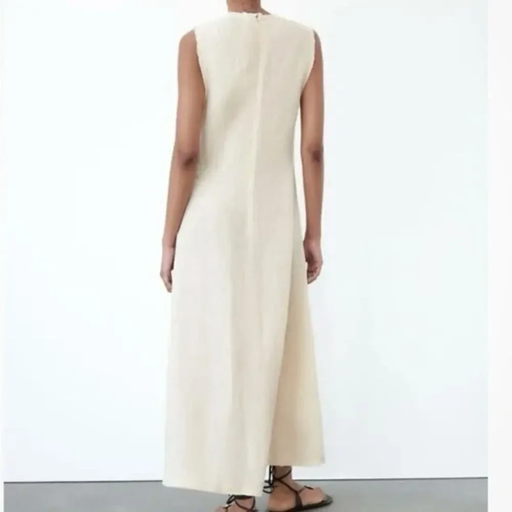 NWT ZARA 100% Linen Minimalist Sleeveless Shift Natural Vanilla  Midi Dress - Picture 2 of 14